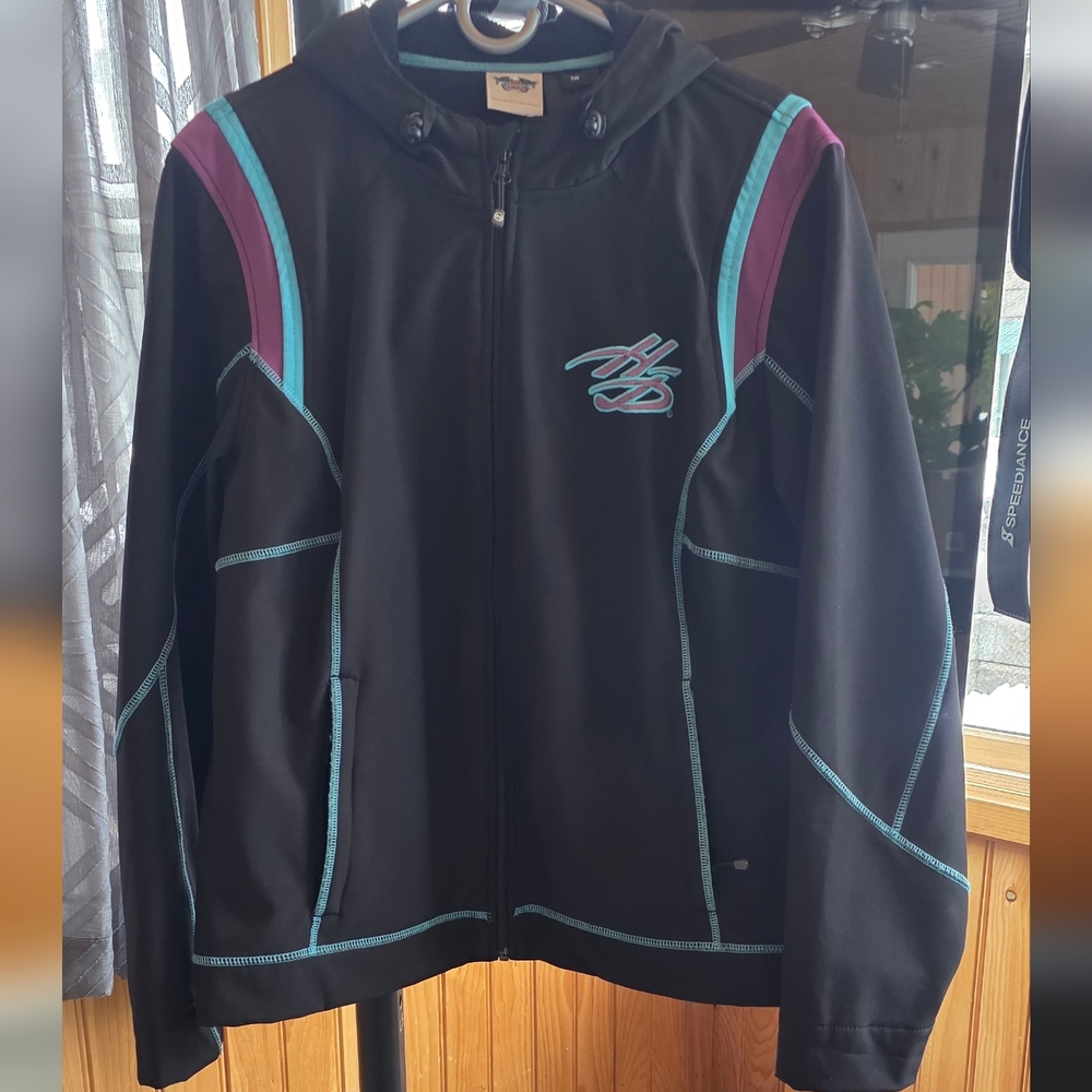 Harley-Davidson black zip-up hoodie jacket with teal and purple accent stitching